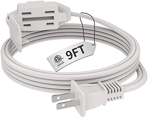 PlugTul Unutarnji bijeli produžni kabel od 9 stopa, 3-outlet kabel za produženje kućanstva, 2 zupčanik, 16 mjerača, 3 polarizirana