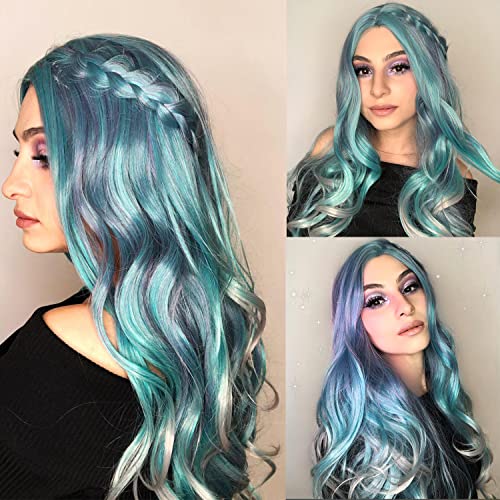 Neobična kosa duge plave valovite perike za žene perika mješovita Plava Zelena siva ljubičasta kosa srednji dio perika sintetička