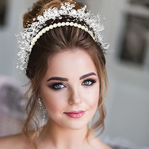 Vjenčana traka za glavu s ravnim biserima dvoslojna srebrna kristalna vjenčana traka za kosu rođendanska tijara pribor za