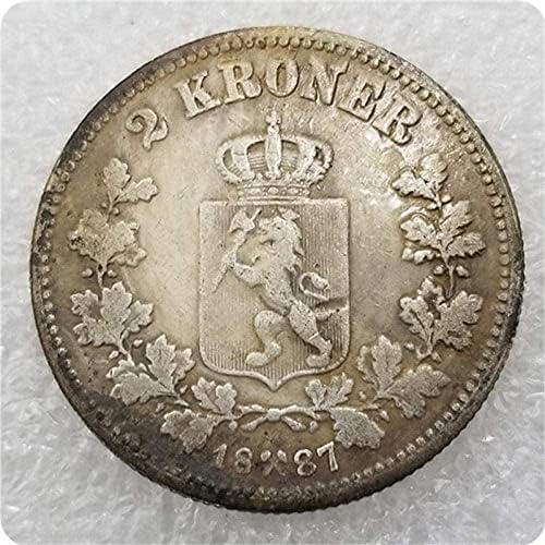 Antikni zanat Norveška 1887. Norveška 2 Krone Coin Coincoin Zbirka Komemorativna kovanica