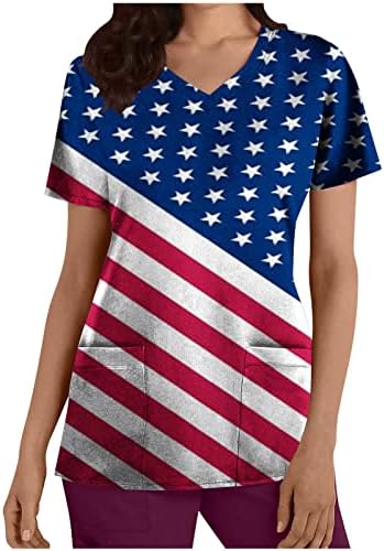 Dan neovisnosti za žene Drvane američke zastave Uniforme majice V vrat kratki rukavi s džepovima