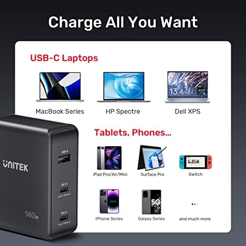 Unitek 140W USB C Charger Gan 3-port PD BLOG ZIDSKI BLOK ADAPTER ADAPTER KOMPUSIBNO SA MACBOOK PRO 16 Dell XPS 15 iPad iPad
