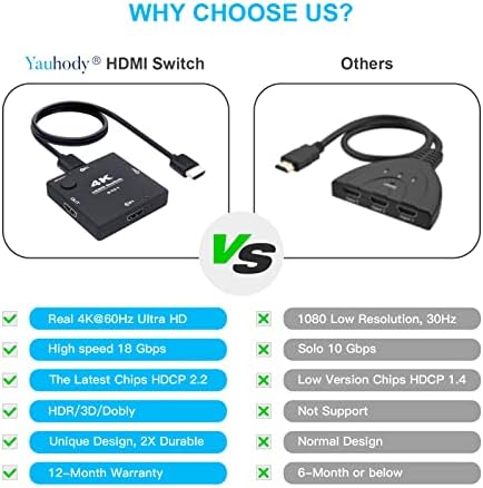 HDMI Switch 4K@60Hz, Yauhody je nadogradio 4K HDMI Switch 3 u 1 OUT, HDMI Splitter Switcher podržava Ultra HD, 1080p, 1080p,