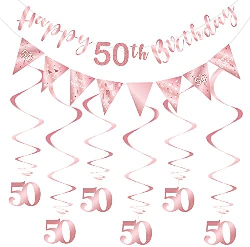 Ukras od ružičastog zlata za 50. rođendan za djevojčice, natpis za čestitke za 50. rođendan, natpis s trokutastom zastavom