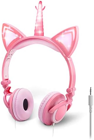 Onta Unicorn Kids Slušalice, LED mačjeg uha svijetli sklopivi slušalice ožičene na uho za djevojčice dječake, dječja traka