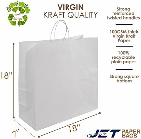 PAPIRNATE VREĆICE JET [25 KOM] 18 x7x18 Bijele kraft-pakete velike veličine s ručkama - Teretni torbe za kupovinu, Torbe
