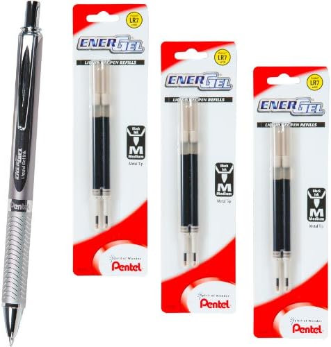 Crna gel olovka od 0,7,407 s 3 pakiranja punjenja, srebrno tijelo, srednji vrh 0,7 mm, 6 punjenja