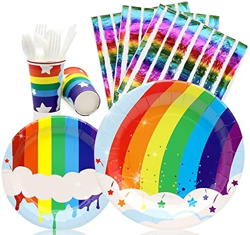 Rainbow rođendanske zabave pločice ukrasi 112pcs poslužuje 16, hoci poci oblačni nebeski tanjuri šalice salveta za pribor