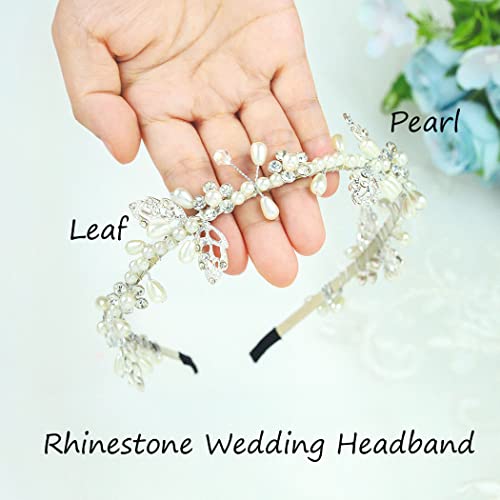 + Vjenčana traka za glavu od rhinestona, srebrna vjenčana pokrivala za glavu s lišćem, biserna vjenčana traka za kosu, biserna