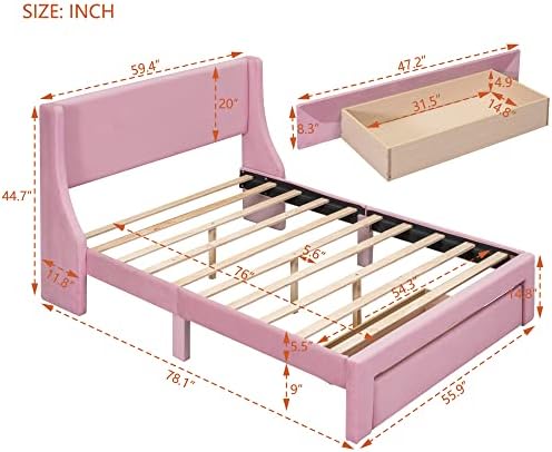 Okvir kreveta u punoj veličini s kutijom za odlaganje, krevet s platformom presvučen baršunom sa sklopivim uzglavljem i lamelarnom