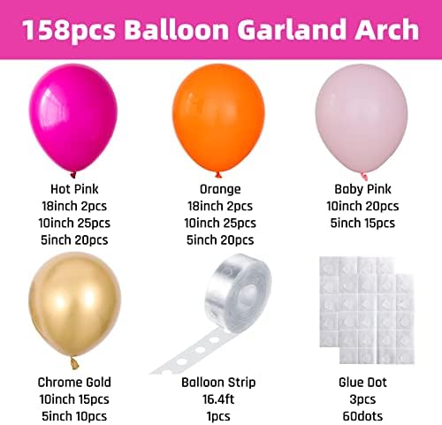 Enanal Hot Pink Orange Baloon Garland Arch Kit, 158pcs Pink Orange i Chrome Metallic Gold Balloons za rođendanski tuš Tropska