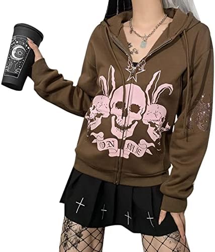 Coolmonar Women Rhinestone Spider Skull Print Street Rupkey Hoodies Goth Harajuku Y2K Grunge Punk jakna