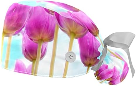 Medicinske kape za žene s gumbima duga kosa, 2 komada podesiva radna kapu, ljubičasti tulipanski proljetni cvijet