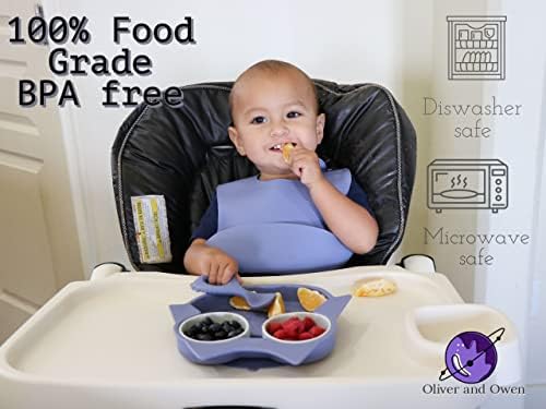 Dječji silikonski set za hranjenje od 6 mjeseci, podijeljeni tanjur, naprsnik i žlica- bez BPA, pribor za samostalno
