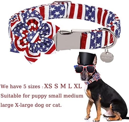 Up Urara Pup Dog Collar s cvijetom, 4. srpnja Udobni pamučni ovratnik za pse, ovratnik američke zastave za psa djevojčice,