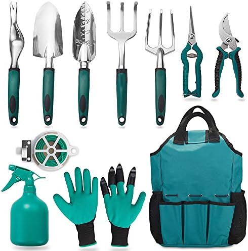 Set alata za vrtlarstvo od 11 komada, Starter Set ručnih alata od aluminijske legure s vrtnom torbom, vanjski alat, komplet