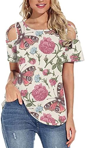 Ženske cvjetne print Hladne košulje na ramenu kratke rukave O-Neck Summer casual bluza majice majice
