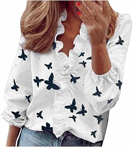 Grafičke majice za žene dugi rukavi - Žene casual ruffles v vratne vrhove labave majice majice majice za žene za žene