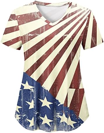 Bluza sa zastavom SAD-a za žene 4. srpnja ljetna majica kratkih rukava s izrezom u obliku slova U, bluze s 2 džepa, svečana