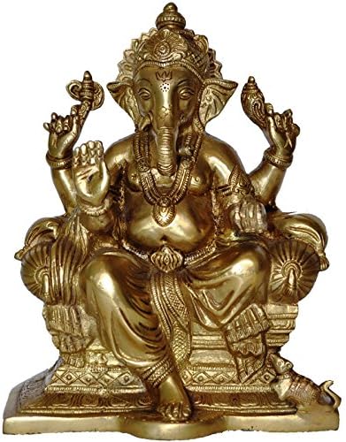 Aakrati -mesingački kip hinduističkog lorda Ganesha - Antikni žuti završetak Metalna skulptura - Indijski ručni zanatski