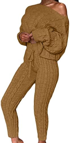 Ženske pletene dvodijelne duge hlače Postavite jedno rame zaplet pletenica odijelo Čvrsta boja pulover dugih rukava
