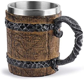 Šalica piva od drvenih bačvi, 450 ml drvenog nehrđajućeg čelika viking šalica s ručicom, dvostruka zidna koktel šalica za