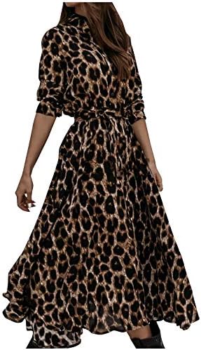UIKMNH Ženski dugi rukav Linija ljuljana dugačka haljina Ovratnik jednostruka leopard tiskana ležerna haljina