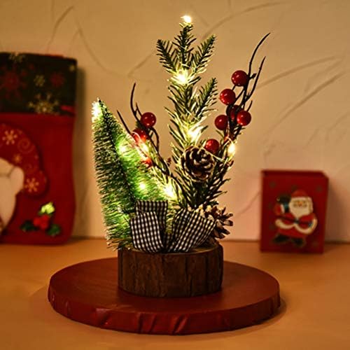 BUSTOYARD 2PCS MINI MINI Božićno drvce Osvjetljavanje baterije s božićnim drvcem s drvenim bazama pinecones i crvene bobice