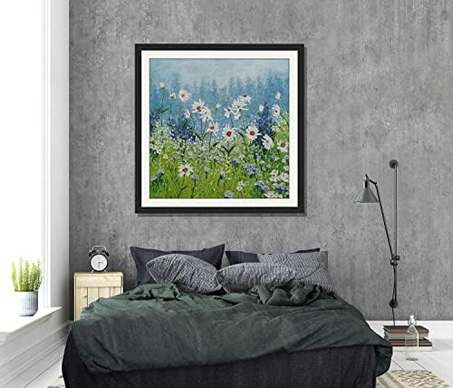 Ručno oslikana uljana slika platno zidne art tratinčice polje bijelo cvjetovi plavo zelena krajolik ručno izrađena uokvirena