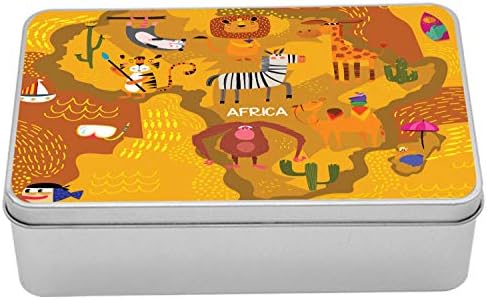 Ambasonne Lion Tin Box, World Map s tradicionalnom životinjom na izloženoj karti Afrike crtanog oblika, prijenosni pravokutni