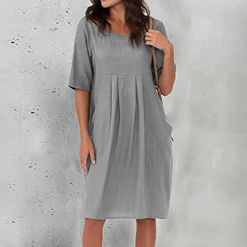 Ženska haljina od pamuka i lana Plus veličine kratkih rukava s okruglim vratom ljetne Ležerne haljine s džepovima jednobojna