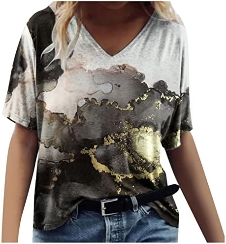 Gornja majica za ženske posade kratkih rukava v vrat pamučni mramorni grafički sretni poklon brunch labavi fit majica xu