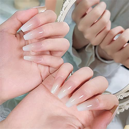 Bijeli gradijentni Francuski lažni nokti s potpunom pokrivenošću u boji zalijepljeni su na nokte žele ljepilom za žene i