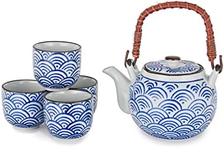 FUJI MERCHANDISE CORP Japanski stil čaj Porculan čaj lonac 22 fl oz s cjedilo i 4 šalice Set Seigaiha Waves Design