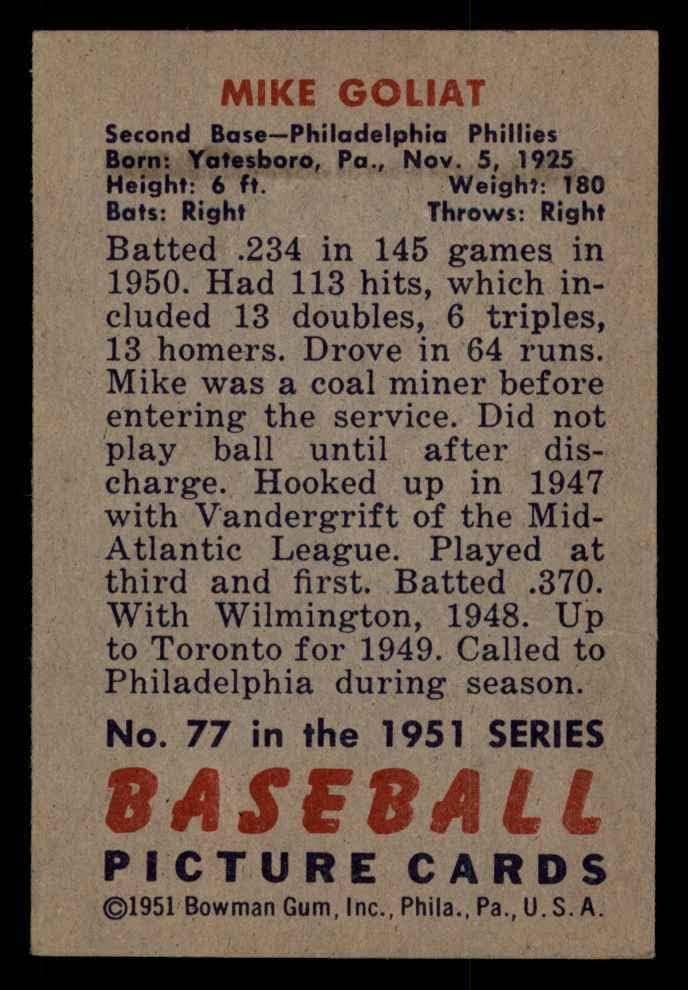 1951. Bowman 77 Mike Goliat Philadelphia Phillies VG/Ex Phillies