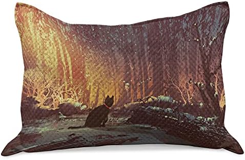 Ambasonne fantasy pleteni jastuk od prekrivača, nadrealna izgubljena crna mačka duboka tamna u šumi s mističnim tiskanom