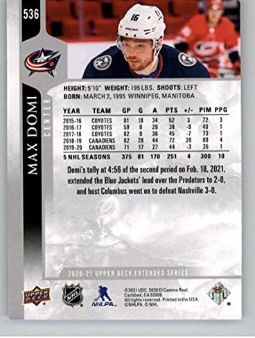 2020-21 Gornja paluba Proširena serija 536 Max Domi Columbus Blue Jackets NHL Trgovačka karta hokeja