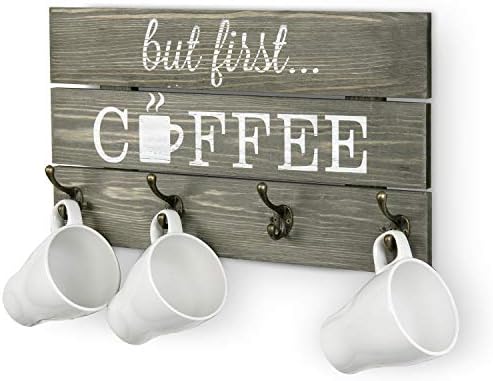 MyGift zidni montirani vintage siva stalak za kavu sa sobom kave, ukrasni 'ali prva kava' potpisni pribor za kavu dekor s
